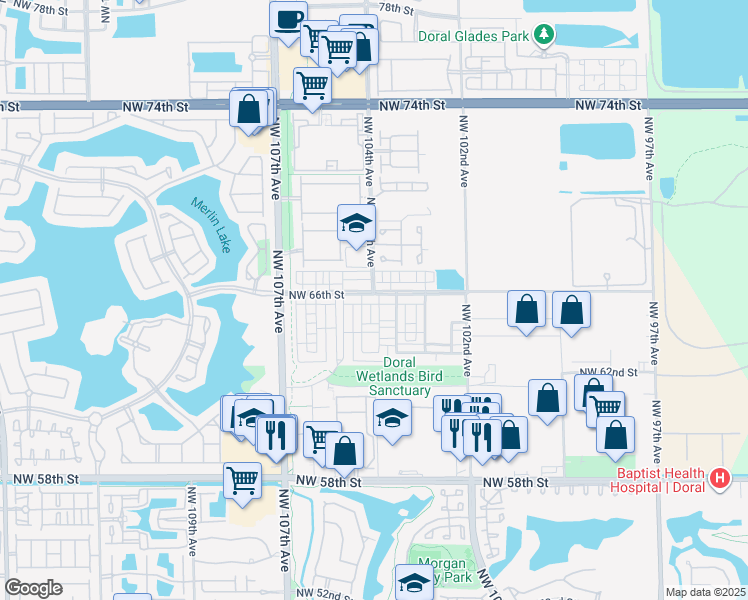 map of restaurants, bars, coffee shops, grocery stores, and more near 10342 Northwest 66th Street in Doral