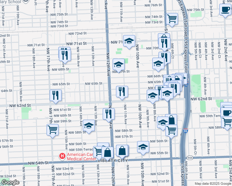 map of restaurants, bars, coffee shops, grocery stores, and more near 1137 Northwest 63rd Street in Miami