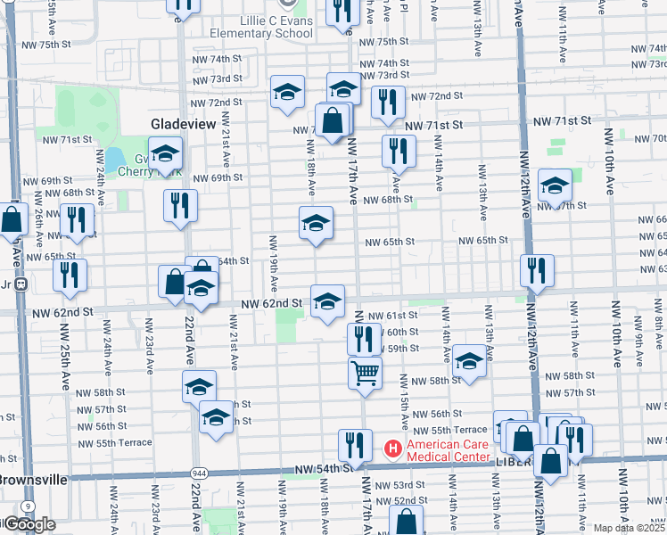 map of restaurants, bars, coffee shops, grocery stores, and more near 1755 Northwest 63rd Street in Miami
