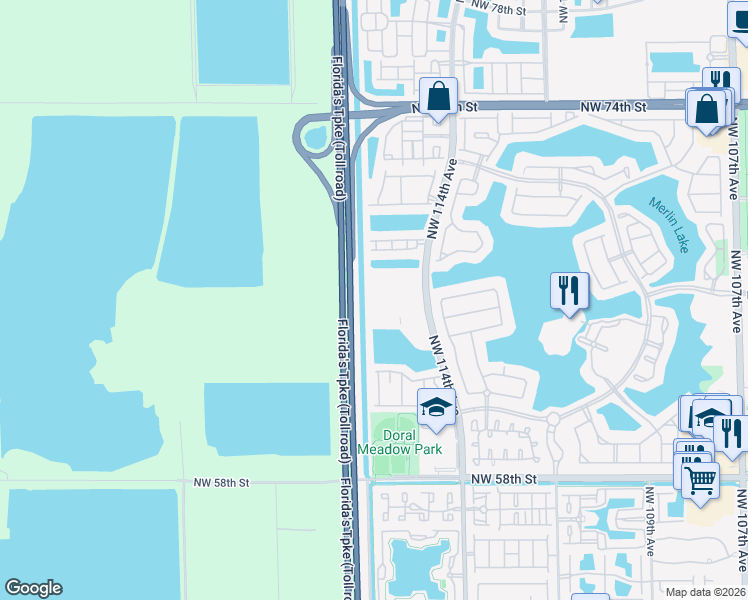 map of restaurants, bars, coffee shops, grocery stores, and more near 6560 Northwest 114th Avenue in Doral