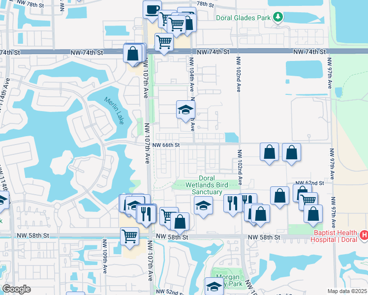 map of restaurants, bars, coffee shops, grocery stores, and more near 10444 Northwest 66th Street in Doral