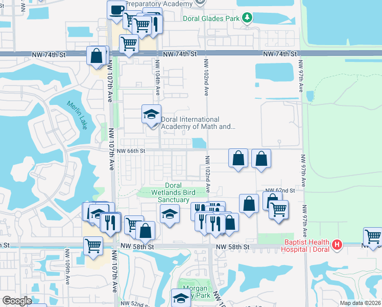 map of restaurants, bars, coffee shops, grocery stores, and more near 6480 Northwest 102nd Path in Doral