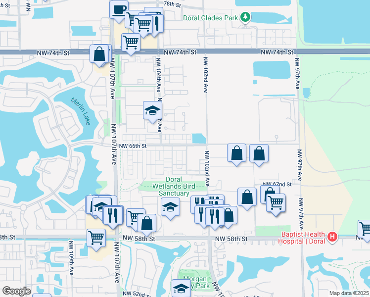 map of restaurants, bars, coffee shops, grocery stores, and more near 6480 Northwest 102nd Path in Doral