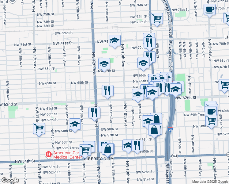map of restaurants, bars, coffee shops, grocery stores, and more near 1067 Northwest 63rd Street in Miami