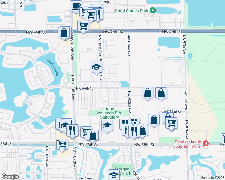 map of restaurants, bars, coffee shops, grocery stores, and more near 6480 Northwest 102nd Path in Doral
