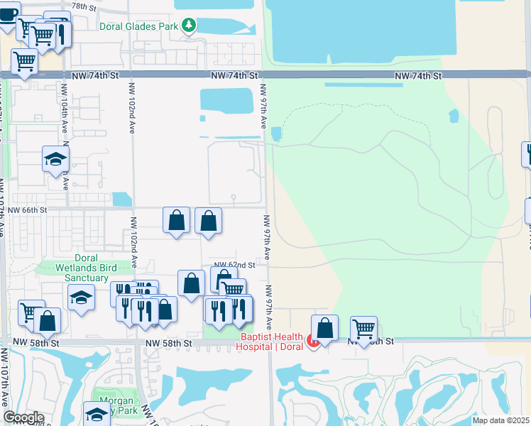 map of restaurants, bars, coffee shops, grocery stores, and more near 6550 Northwest 97th Avenue in Doral