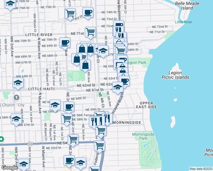 map of restaurants, bars, coffee shops, grocery stores, and more near 420 Northeast 62nd Street in Miami