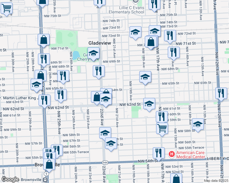 map of restaurants, bars, coffee shops, grocery stores, and more near 20 Northwest 21st Avenue in Miami