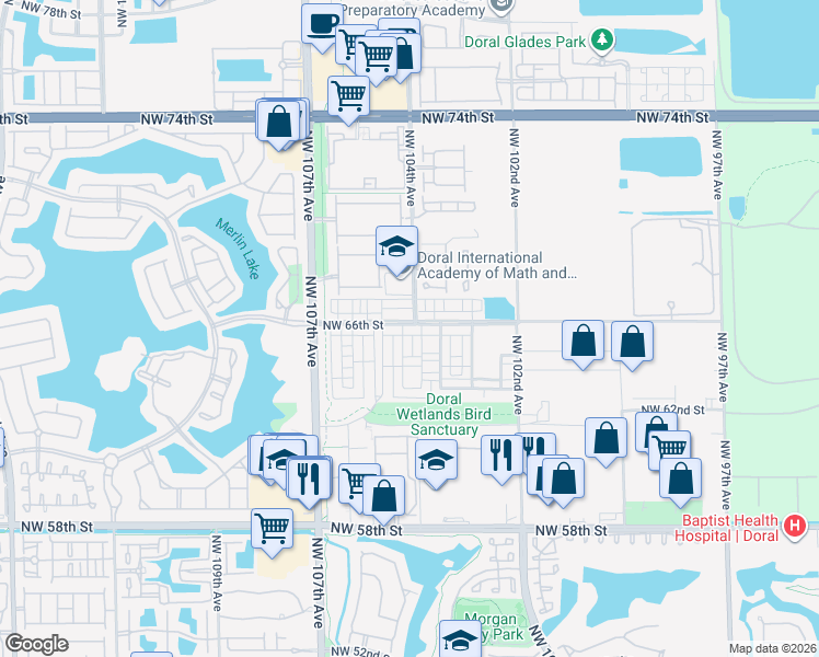 map of restaurants, bars, coffee shops, grocery stores, and more near 10444 Northwest 66th Street in Doral