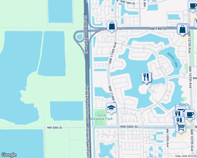 map of restaurants, bars, coffee shops, grocery stores, and more near 6560 Northwest 114th Avenue in Medley