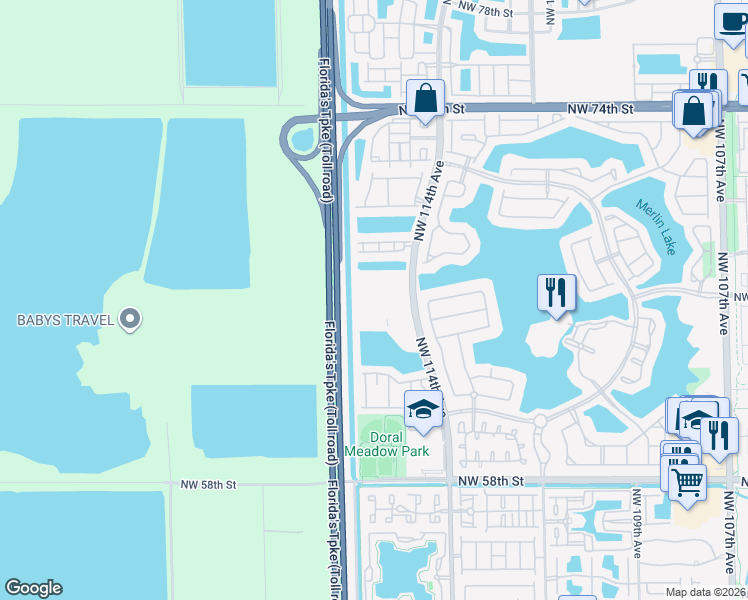 map of restaurants, bars, coffee shops, grocery stores, and more near 6420 Northwest 114th Avenue in Doral