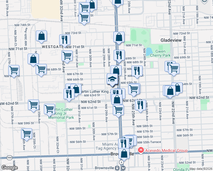 map of restaurants, bars, coffee shops, grocery stores, and more near 2830 Northwest 65th Street in Miami