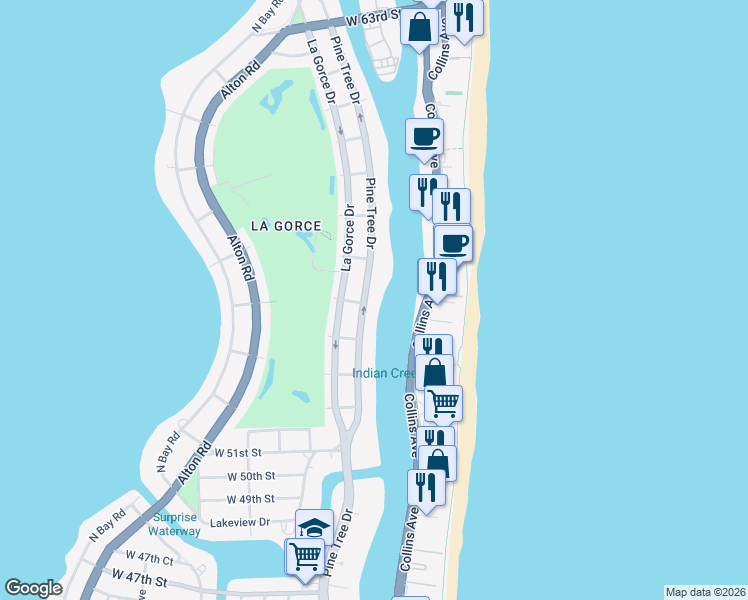 map of restaurants, bars, coffee shops, grocery stores, and more near 5465 Pine Tree Drive in Miami Beach