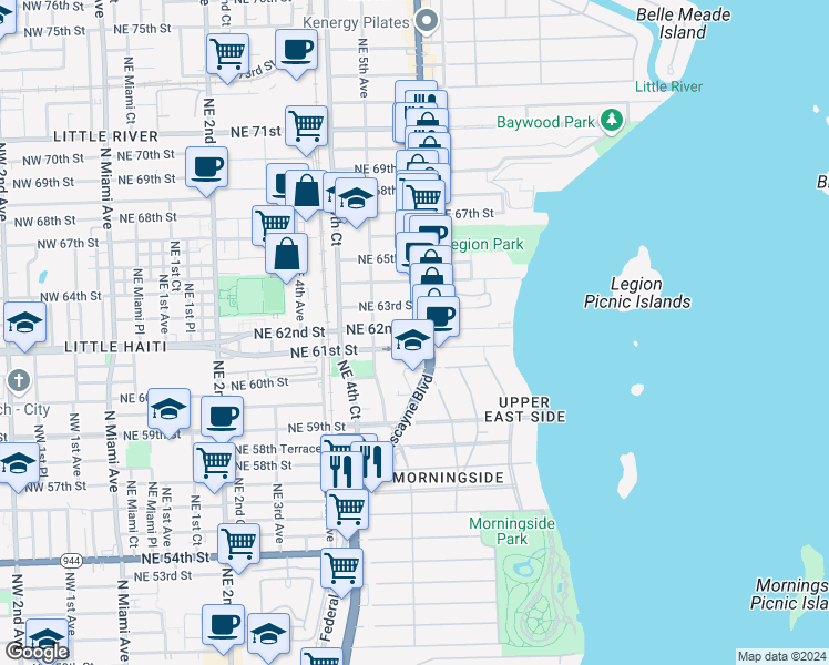 map of restaurants, bars, coffee shops, grocery stores, and more near in Miami