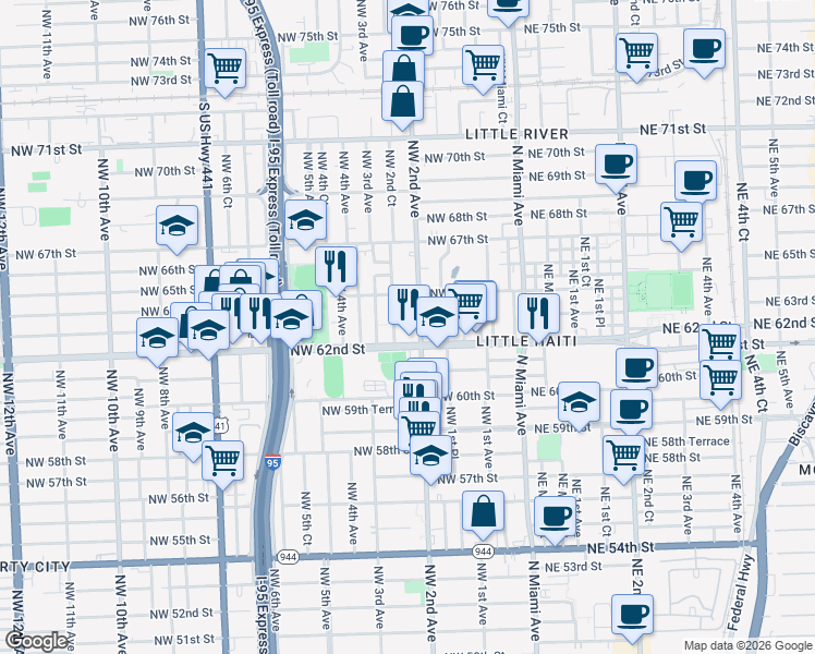 map of restaurants, bars, coffee shops, grocery stores, and more near in Miami
