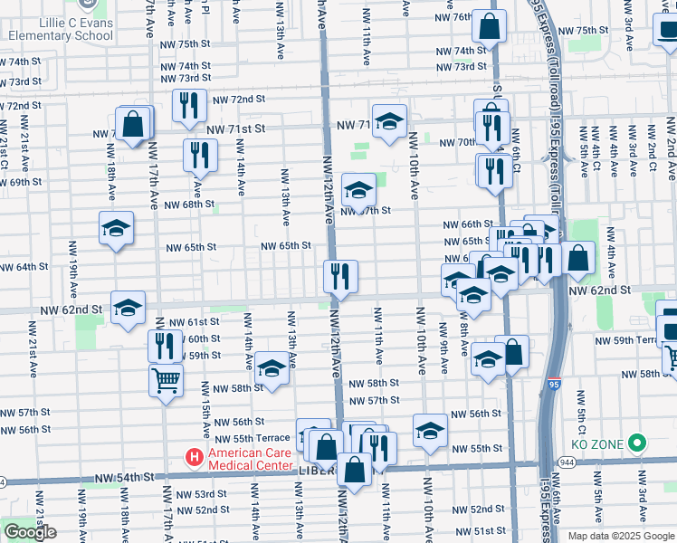 map of restaurants, bars, coffee shops, grocery stores, and more near 1202 Northwest 63rd Street in Miami
