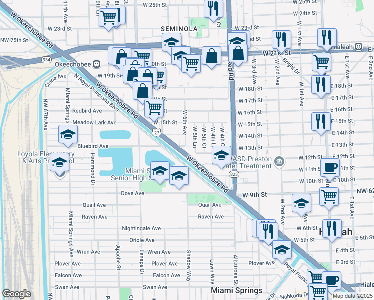map of restaurants, bars, coffee shops, grocery stores, and more near 1255 South Okeechobee Road in Hialeah