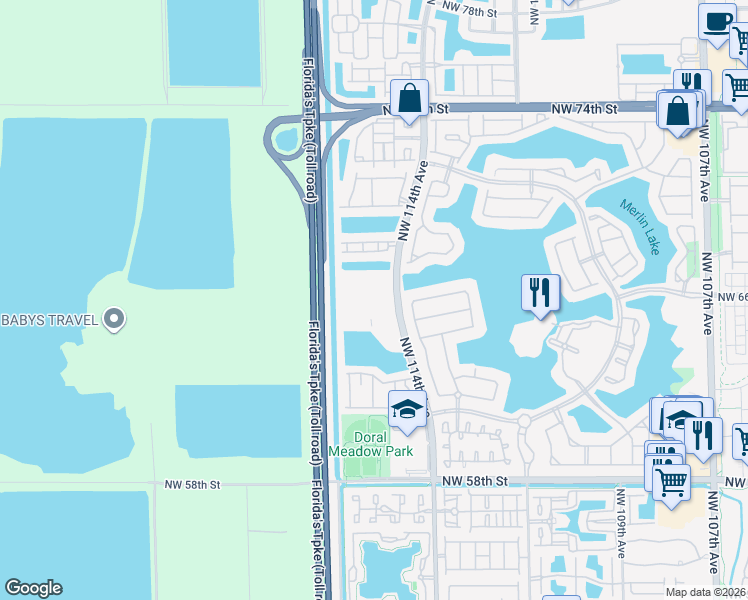 map of restaurants, bars, coffee shops, grocery stores, and more near 6420 Northwest 114th Avenue in Doral