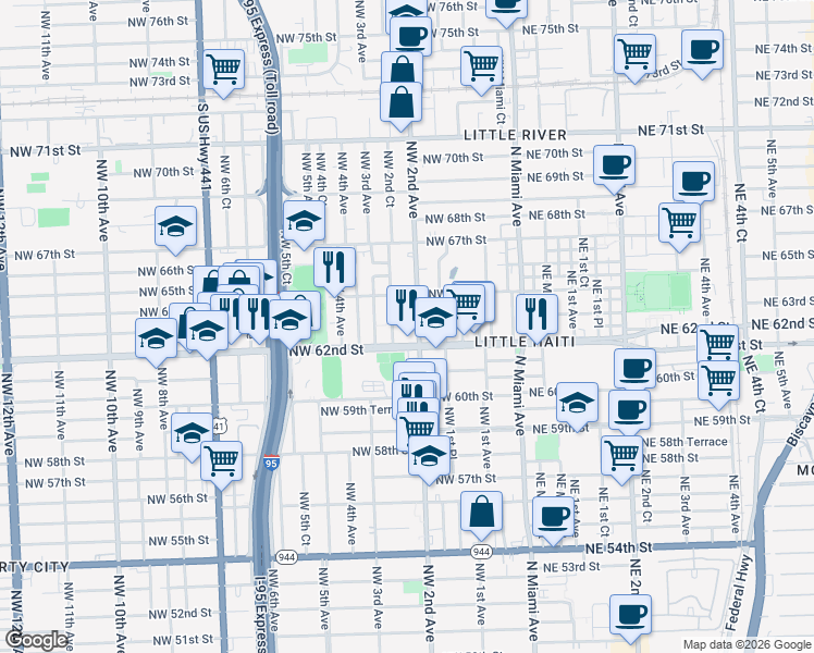 map of restaurants, bars, coffee shops, grocery stores, and more near in Miami
