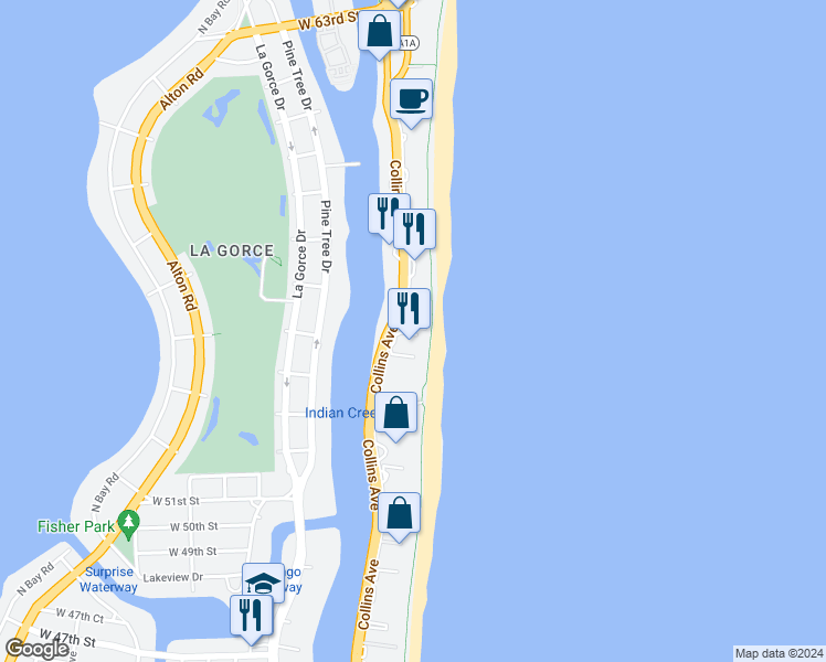 map of restaurants, bars, coffee shops, grocery stores, and more near 5415 Collins Avenue in Miami Beach