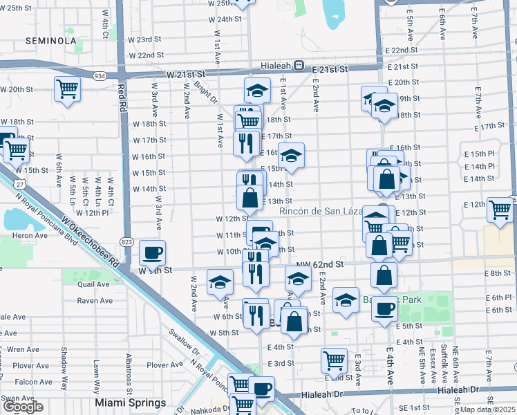 map of restaurants, bars, coffee shops, grocery stores, and more near 1201 Palm Avenue in Hialeah