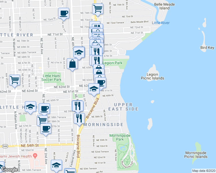 map of restaurants, bars, coffee shops, grocery stores, and more near 676 Northeast 62nd Street in Miami