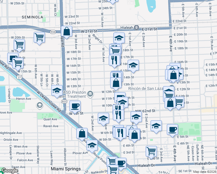 map of restaurants, bars, coffee shops, grocery stores, and more near 55 West 12th Street in Hialeah