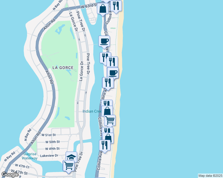 map of restaurants, bars, coffee shops, grocery stores, and more near 5401 Collins Avenue in Miami