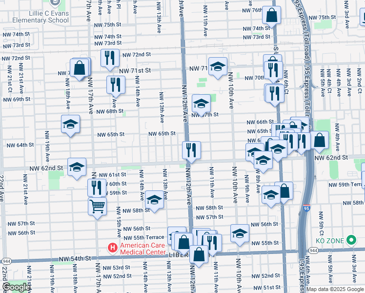map of restaurants, bars, coffee shops, grocery stores, and more near 1202 Northwest 63rd Street in Miami