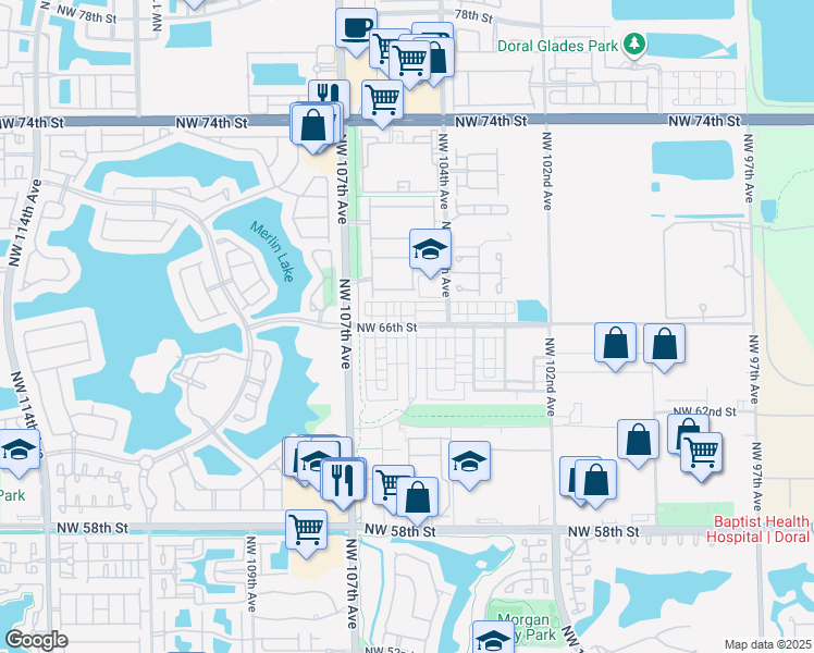 map of restaurants, bars, coffee shops, grocery stores, and more near 10526 Northwest 66th Street in Doral