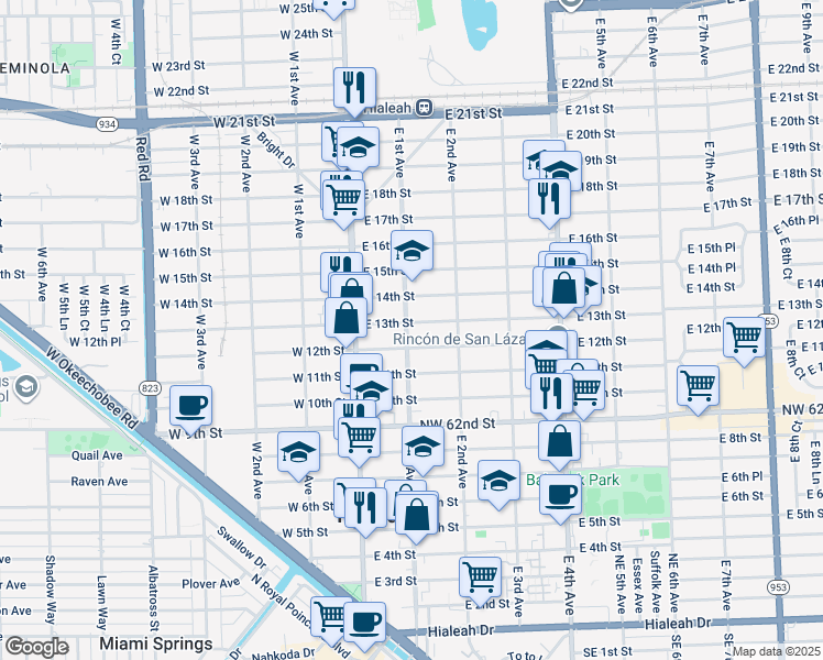 map of restaurants, bars, coffee shops, grocery stores, and more near 89 West 12th Street in Hialeah