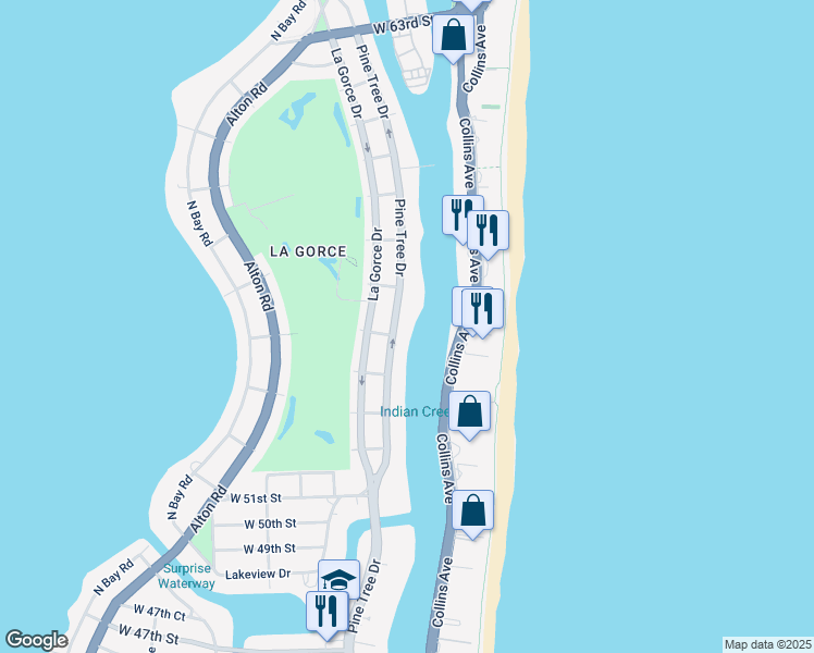 map of restaurants, bars, coffee shops, grocery stores, and more near 5465 Pine Tree Drive in Miami Beach