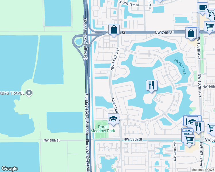 map of restaurants, bars, coffee shops, grocery stores, and more near 6578 Northwest 113th Place in Doral