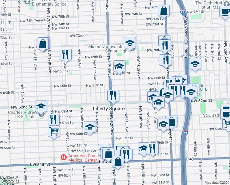 map of restaurants, bars, coffee shops, grocery stores, and more near 1180 Northwest 64th Street in Miami