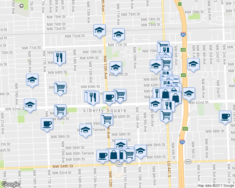map of restaurants, bars, coffee shops, grocery stores, and more near 1137 Northwest 63rd Street in Miami