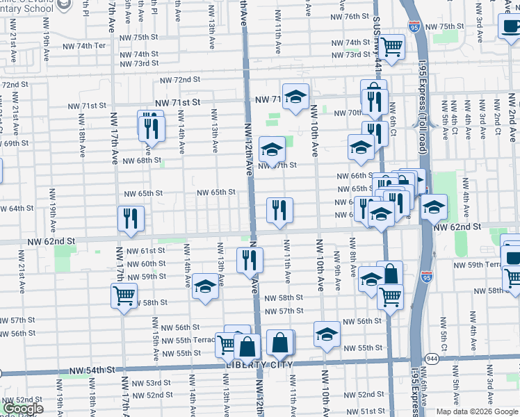 map of restaurants, bars, coffee shops, grocery stores, and more near 1137 Northwest 63rd Street in Miami