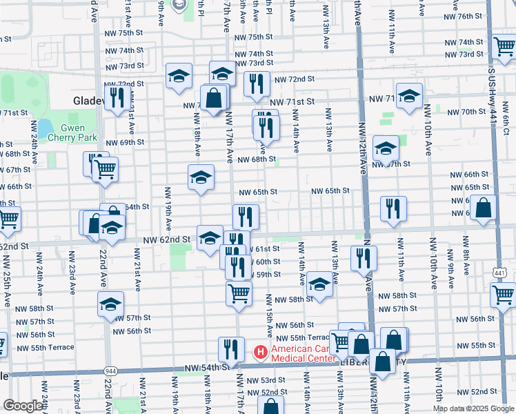 map of restaurants, bars, coffee shops, grocery stores, and more near 6290 Northwest 15th Avenue in Miami