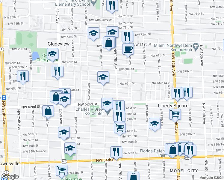 map of restaurants, bars, coffee shops, grocery stores, and more near 1755 Northwest 63rd Street in Miami