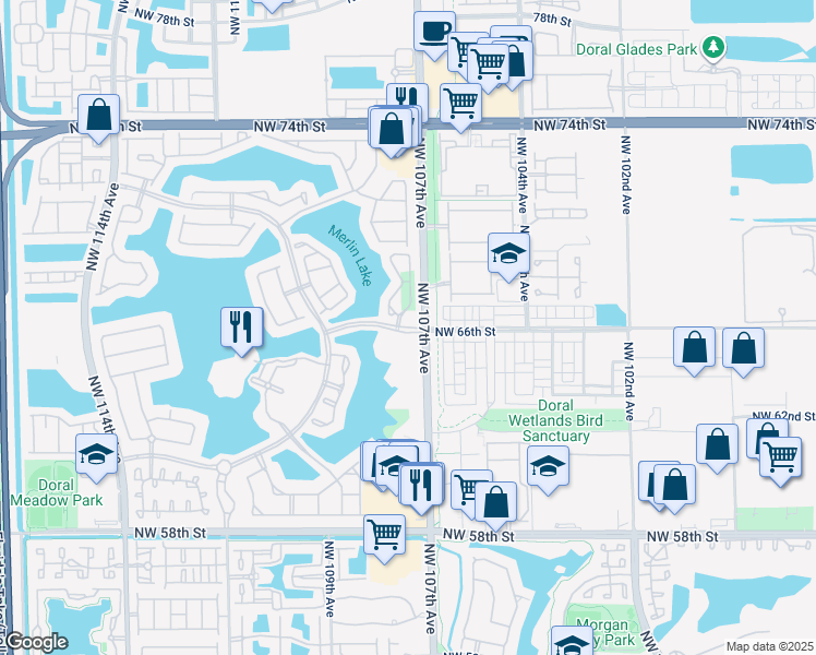 map of restaurants, bars, coffee shops, grocery stores, and more near 10770 Northwest 66th Street in Doral