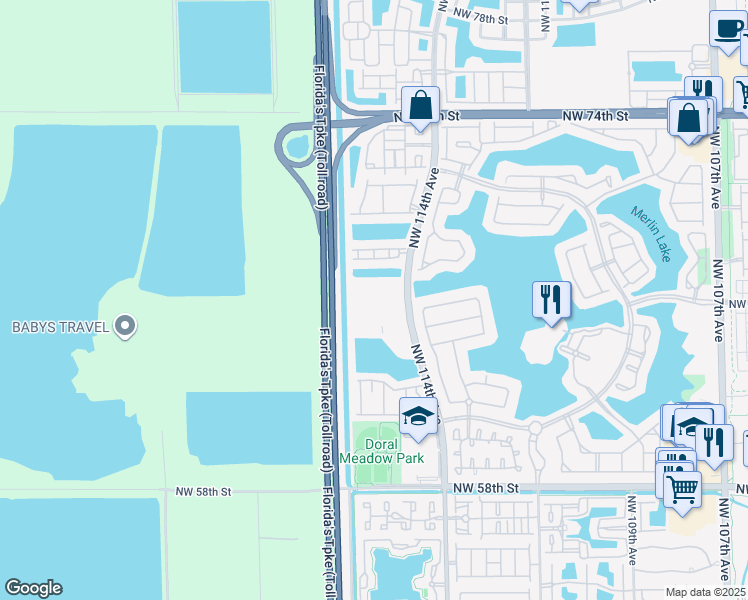 map of restaurants, bars, coffee shops, grocery stores, and more near 6540 Northwest 114th Avenue in Doral