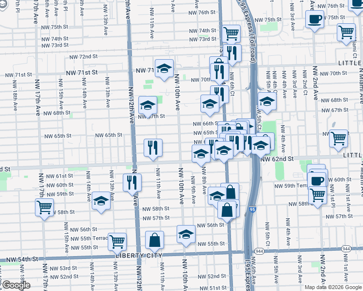 map of restaurants, bars, coffee shops, grocery stores, and more near 943 Northwest 63rd Street in Miami