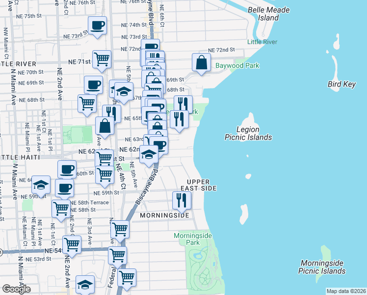 map of restaurants, bars, coffee shops, grocery stores, and more near 720 Northeast 62nd Street in Miami