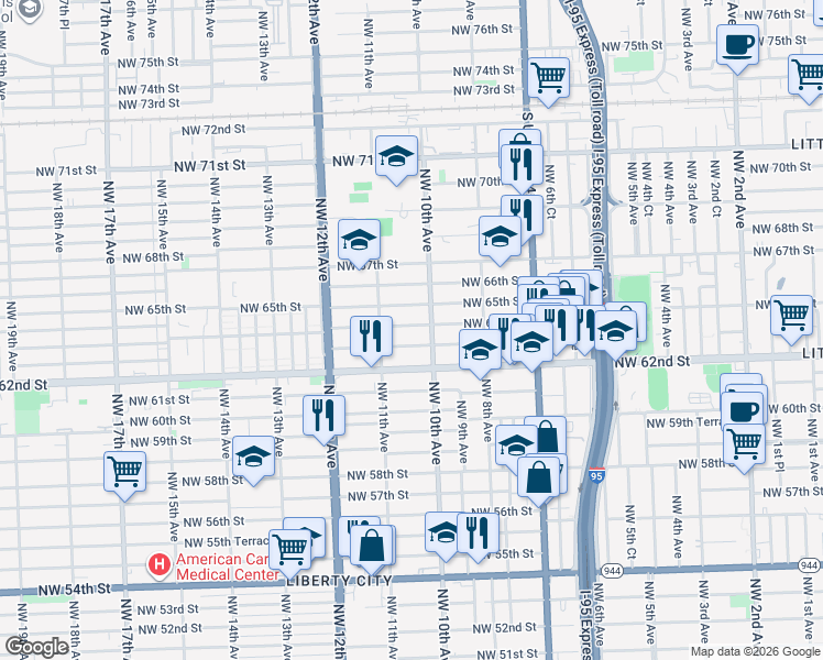 map of restaurants, bars, coffee shops, grocery stores, and more near 1067 Northwest 63rd Street in Miami
