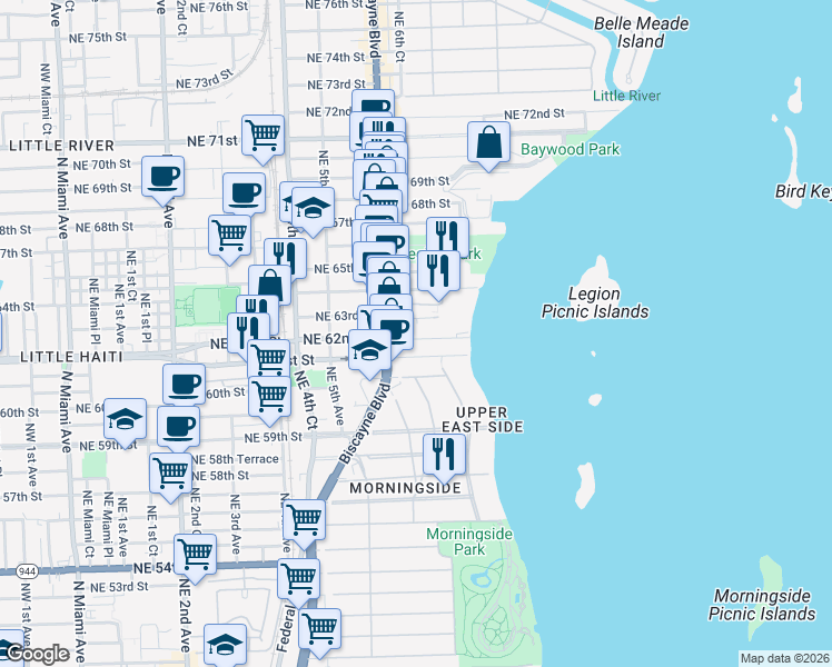 map of restaurants, bars, coffee shops, grocery stores, and more near 661 Northeast 61st Street in Miami