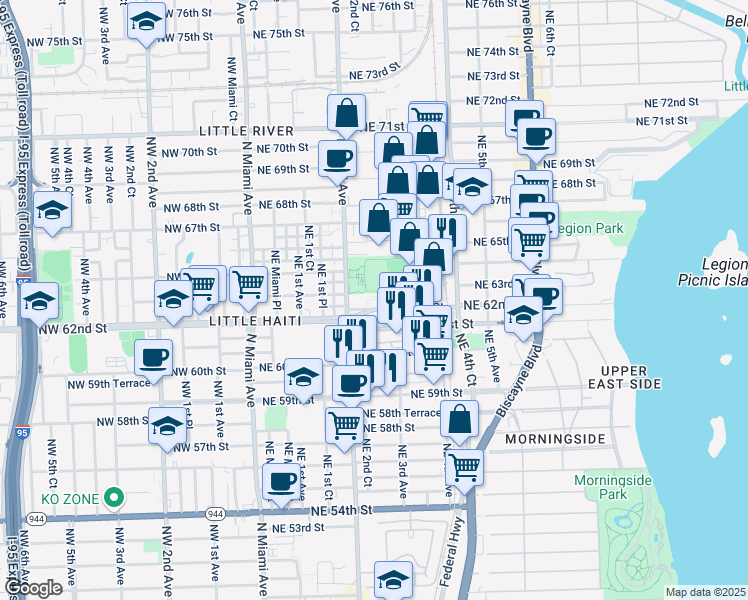 map of restaurants, bars, coffee shops, grocery stores, and more near in Miami