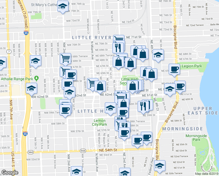 map of restaurants, bars, coffee shops, grocery stores, and more near 91 Northeast 62nd Street in Miami