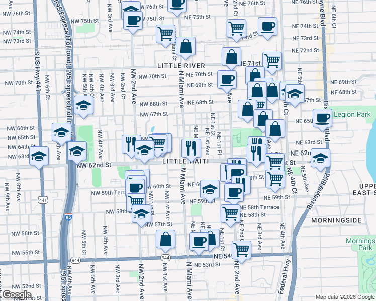 map of restaurants, bars, coffee shops, grocery stores, and more near in Miami