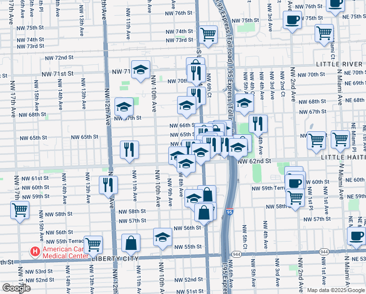 map of restaurants, bars, coffee shops, grocery stores, and more near 820 Northwest 63rd Street in Miami