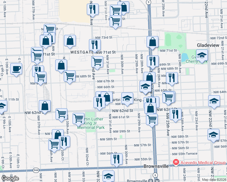 map of restaurants, bars, coffee shops, grocery stores, and more near 3082 Northwest 65th Street in Miami