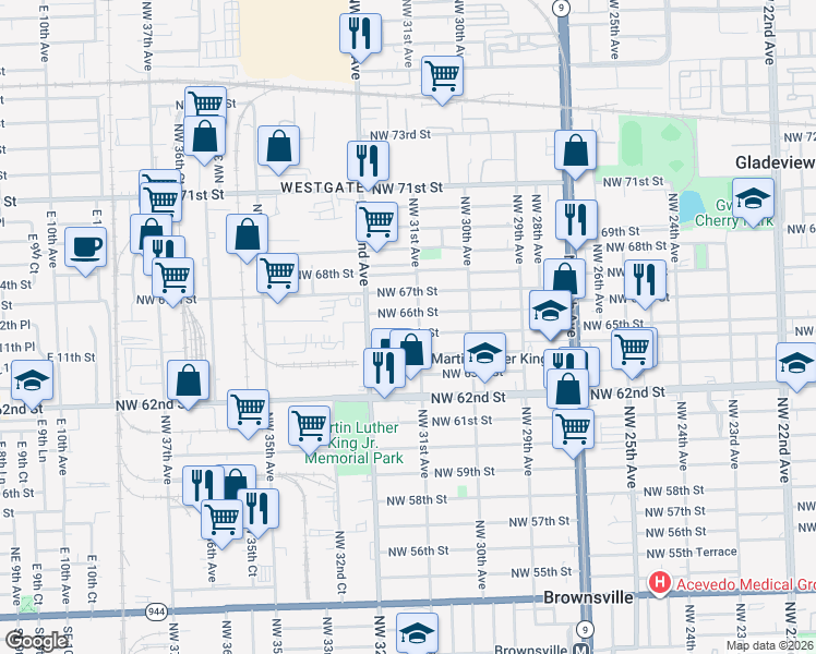 map of restaurants, bars, coffee shops, grocery stores, and more near 3170 Northwest 65th Street in Miami